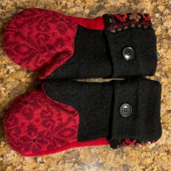 Wool mittens, red with black detailing and gold button. 10” x 4.5”. - Picture 1 of 2